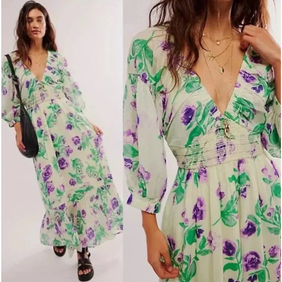 Free People Dresses & Skirts - Free People GOLDEN HOUR Hour Smock Floral Maxi Dress Saltwater Combo S NWT $168